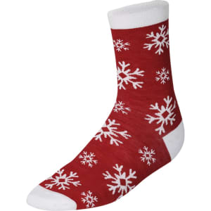 A red sock with white snowflake patterns and a white cuff. Features branding on the side.