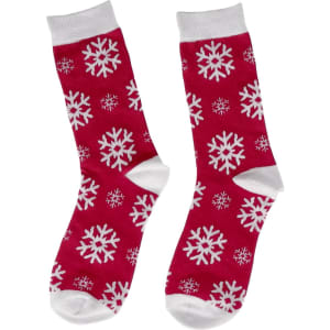 Red socks with white snowflake patterns, featuring a white cuff. The socks have a branding logo.