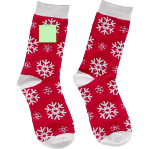 A pair of red socks featuring white snowflake patterns and white cuffs, with a logo area visible.