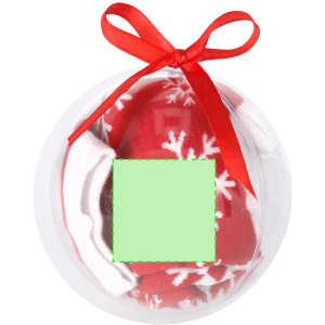 A set of festive red socks with white snowflake patterns, packaged in a round clear container with a red ribbon.