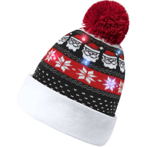 A black and red festive beanie with a pom-pom, featuring snowflakes and Santa designs, along with lights.