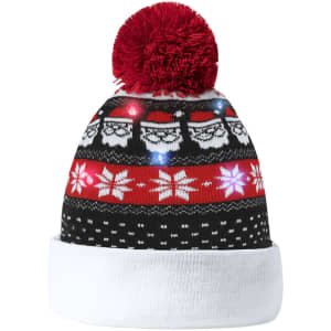 A festive black beanie featuring red and white patterns, a pom-pom on top, and built-in lights.