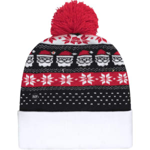 A festive black beanie featuring red and white patterns, with a pom-pom on top and a fold-over white band.