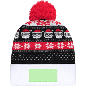 A black and red Christmas hat with a pom-pom, featuring festive patterns and a white brim. It has a logo.