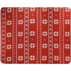 A red blanket featuring a snowflake pattern and vertical stripes, perfect for home living.