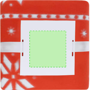 A red blanket featuring a festive design with white patterns and a blank space in the centre, along with a logo.