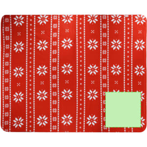 A red blanket featuring white snowflake patterns and a green corner, with branding present.