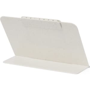 A white, eco-friendly calendar stand with a sleek design and a small logo on the back.