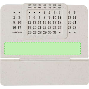 A white, eco-friendly perpetual calendar with a hinged design, featuring days of the week and a blank area for notes.