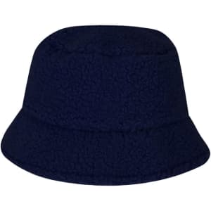 A navy beanie hat designed with a textured fabric, featuring a bucket shape and a subtle logo.