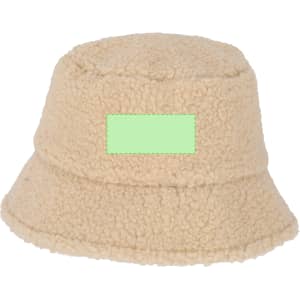 A beige beanie hat made of fluffy material with a logo area in green.