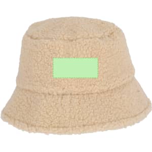 A beige bucket hat made of soft, textured material, featuring a blank logo area.
