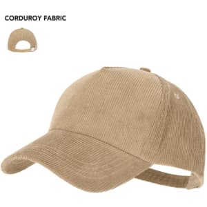 A beige corduroy cap featuring a curved brim and an adjustable strap at the back. It includes a logo.