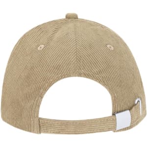 A tan corduroy cap with a curved brim and an adjustable strap at the back, featuring a logo.