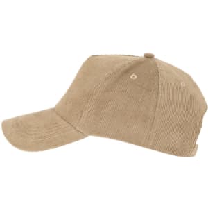 A beige corduroy cap with a curved peak and a logo on the front. Features ventilation holes on the crown.