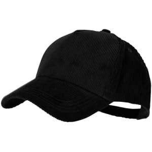 A black corduroy cap featuring a curved brim and an adjustable strap at the back. It includes a logo.