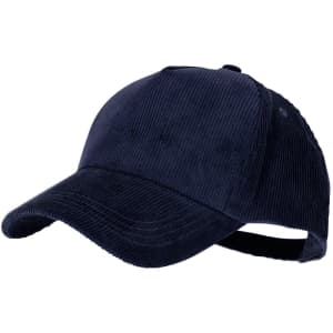 A navy corduroy cap with a curved brim and an adjustable strap at the back. It features a logo on the front.