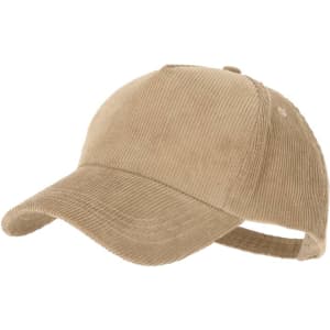 A beige corduroy cap with a curved brim and adjustable strap at the back, featuring a logo.