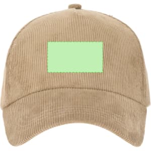A beige corduroy cap featuring a blank patch for customization and a logo on the front.