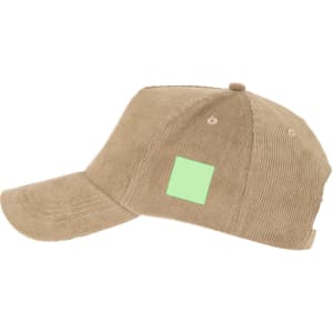 A beige corduroy cap with a curved brim and a square logo area on the side.
