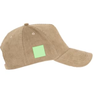A beige corduroy cap with a logo on the side and a flat brim.