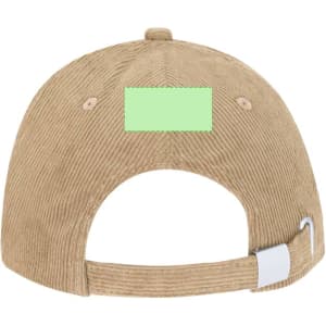 A khaki corduroy cap with a green rectangular area on the back and an adjustable strap.