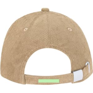 A tan corduroy cap featuring an adjustable buckle closure and a logo on the back.