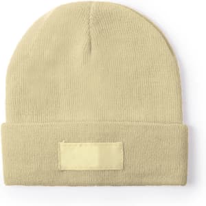 A beige beanie featuring a foldable cuff and a blank label for branding.