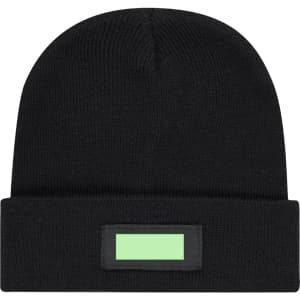 A black beanie hat featuring a rectangular patch, designed for kids.