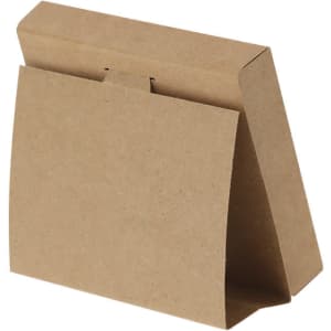 A brown cardboard desktop calendar holder with a simple, foldable design. It includes a logo on the front.