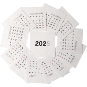 A 2025 desktop calendar featuring a circular arrangement of monthly pages in white with grey and red accents.