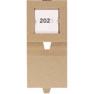 A brown cardboard desktop calendar with a simple design featuring the year 2025. It has a logo on the front.