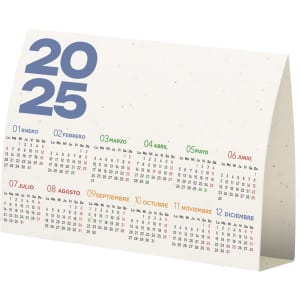 A tabletop calendar for 2025 featuring multi-coloured months and dates on a white speckled background. It includes a logo.