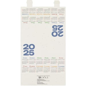 A desktop calendar featuring a minimalist design with blue, green, and orange accents, displaying months and dates for 2025.