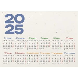 A desk calendar for 2025 featuring a light background, with months and dates clearly organised in various colours.
