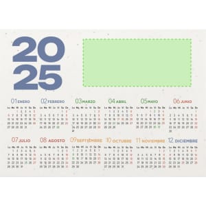 A desktop calendar for 2025 featuring a white background with blue and green accents, displaying monthly grids.