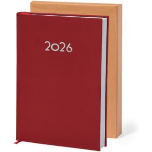 A red diary with the year 2026 embossed on the cover, alongside a brown cardboard case.