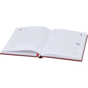 An open red diary featuring blank pages with simple date sections for planning and note-taking.