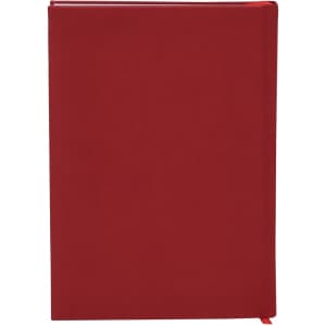 A red diary with a smooth cover and a ribbon bookmark. It includes a logo on the front.