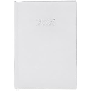 A white diary with embossed text reading "2026" on the cover. The diary features a simple design and a ribbon marker.