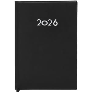 A black diary with the year 2026 embossed on the cover, featuring a ribbon bookmark and a logo.
