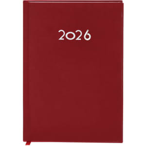 A red diary with the year 2026 printed on the cover, featuring a ribbon bookmark and a glossy finish.