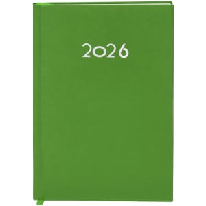 A green diary with a plain cover featuring the year "2026" in white lettering and a matching ribbon bookmark.