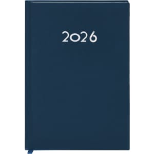 A navy blue diary featuring the year "2026" embossed on the front cover, with a blue ribbon bookmark.