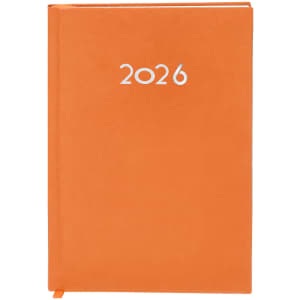 An orange diary with a hardcover and a white year label for 2026. It features a ribbon bookmark.