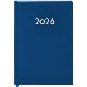 A blue diary with the year '2026' embossed in silver on the front cover. Features a ribbon bookmark.