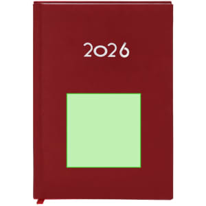 A red diary with a square green section on the front, featuring the year "2026". It has a logo on the cover.