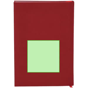 A red diary with a square green area on the front cover. It features a ribbon bookmark.