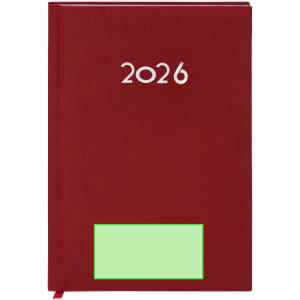 A red diary featuring the year '2026' on the cover, with a green rectangular label area at the bottom.