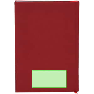 A red diary with a smooth cover and a small blank area, featuring a ribbon bookmark.